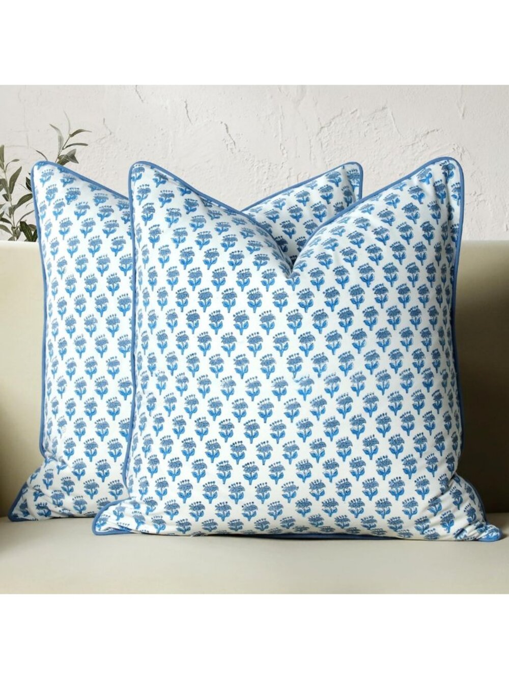 CPC Apatite Blue Block Print Throw Pillow Covers 24x24 Inch, Pack of 2